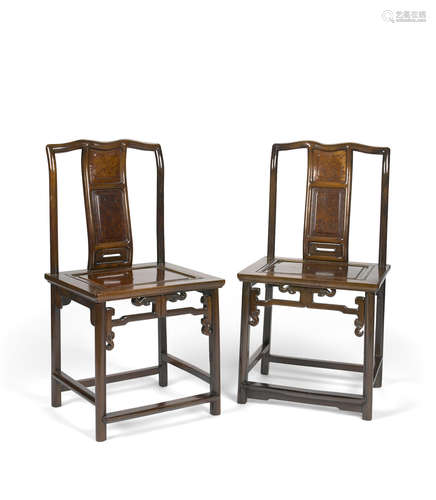 A pair of hardwood chairs with burlwood panel insets Late Qing/Republic period