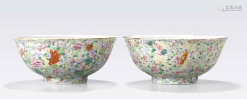 A pair of famille rose millefleur-decorated bowls Hongxian marks, Republic period