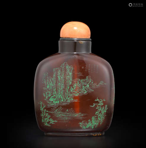 An etched cheryy amber snuff bottle 20th century