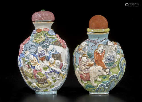 Two molded and enameled porcelain snuff bottles 1800-1860