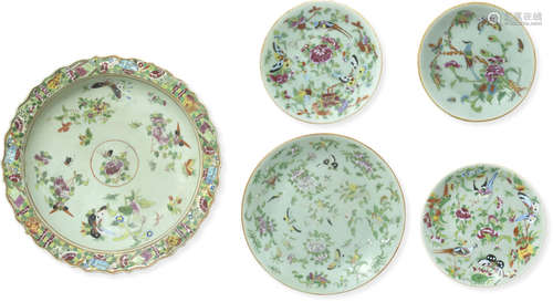 A group of five celadon glazed porcelains with famille rose decorations Late Qing dynasty