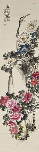 Wang Geyi (1896-1988) Peonies, Camellia and Rock, 1963