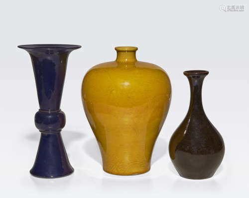 A group of three monochrome glazed ceramics