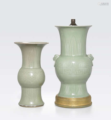 Two celadon glazed gu-form vases