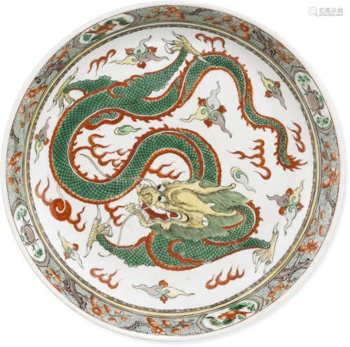 A famille verte enameled dragon dish 19th century