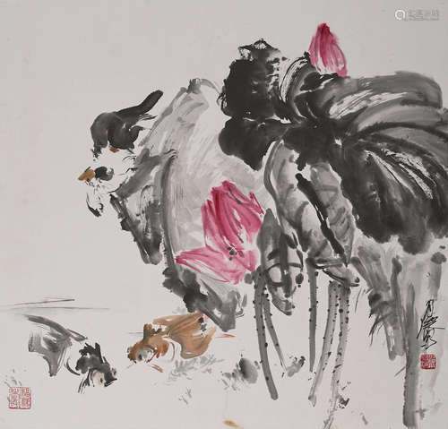 Zheng Yuebo (1907-1991) Lotus, Goldfish and Cat