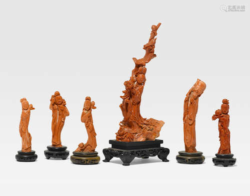 A group of six coral carvings of figures