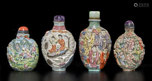 Four molded and enameled porcelain snuff bottles 1796-1860