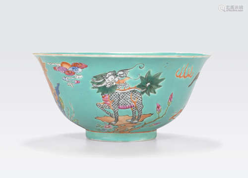 A turquoise ground bowl with famille rose decoration Jiaqing mark, late Qing/Republic period