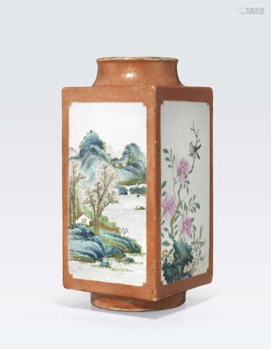 A cong form vase with famille rose decoration Qianlong mark, Republic period