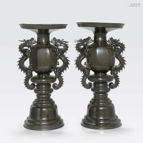 A pair of dragon bronze vases with silver inlay Meiji/Taisho era