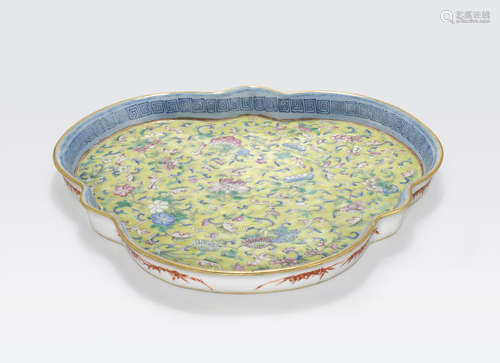 A yellow ground trefoil tray with famille rose decoration Republic period