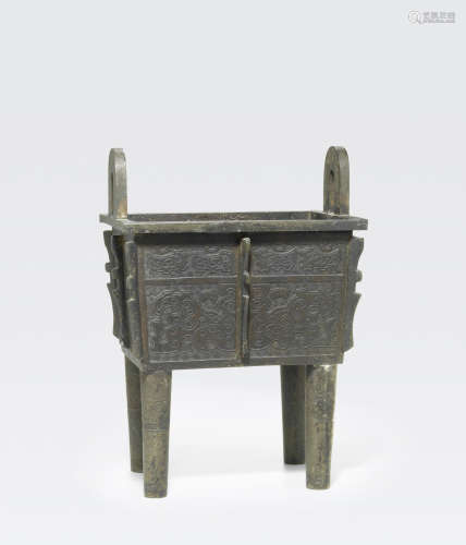 A patinated metal archaistic censer, fang ding Late Qing/Republic period