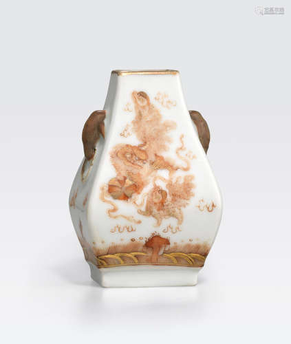 A small iron red and gilt painted archaistic hu-form vase Qianlong mark, Republic period