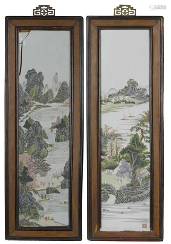 A Pair of framed porcelain landscape plaques Republic period