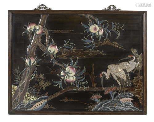 A cloisonné overlay and lacquered wood hanging panel 20th century