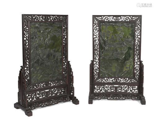 Pair of large wood-framed spinach jade rectangular plaques mounted as table screens