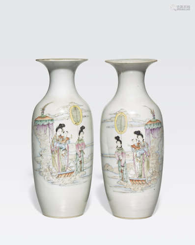 A pair famille rose enameled baluster vases 20th century