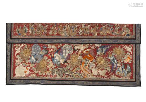 An embroidered red silk wall hanging Republic period