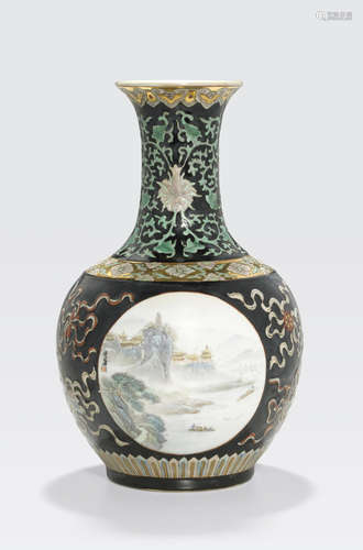 A polychrome enameled long neck vase Signed Xiong Xiaofeng (1914-1996)