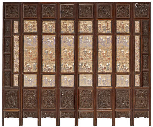 A carved wood eight-panel screen Qing dynasty