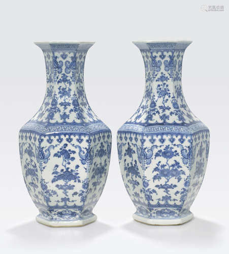 A pair of blue and white hexagonal-sectioned baluster vases Qianlong marks