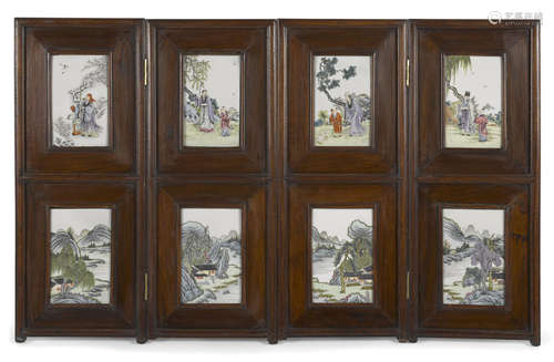 A four-panel wood table screen mounted with polychrome enameled porcelain plaques 20th century