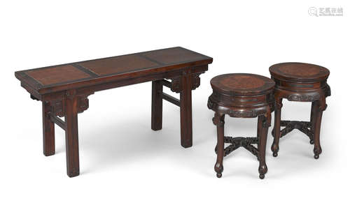 A burl wood inlay hongmu table and two stools 20th century