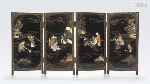 A lacquered wood and hardstone embellished four-panel table screen Republic period