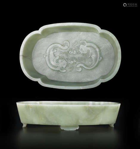 A mottled green and white jadeite quatrelobed bowl Late Qing/Republic period