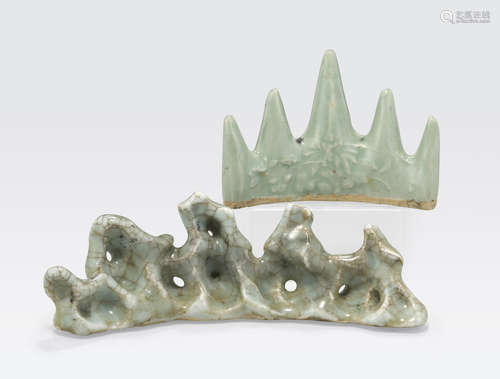 Two Mountain-Form Brush rests with celadon glaze