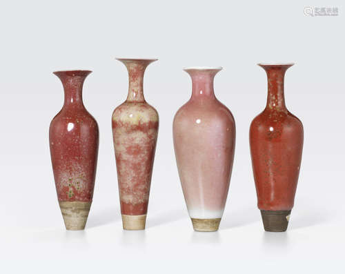 A group of four peach-bloom glazed vases, Liuyeping Kangxi marks, Late Qing/Republic period