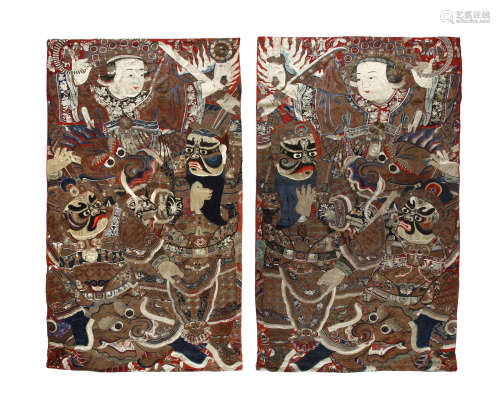 A pair of massive embroidered theatrical hangings Late Qing dynasty