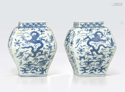 A pair of Ming style blue and white square-sectioned vases Wanli marks, 19th century