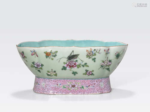 A celadon glazed footed bowl with polychrome enamel decoration Jiaqing mark, late Qing/Republic period