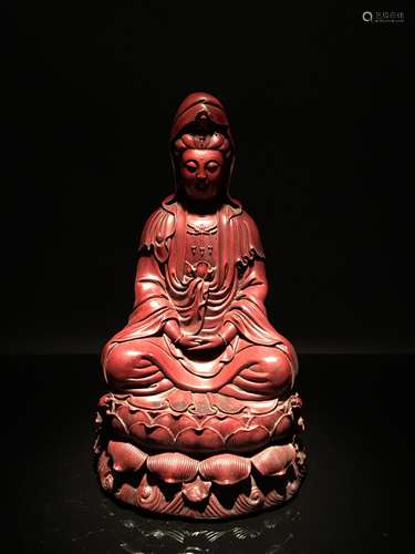 Fine Red Cinnabar Laquer Guanyin Seated Statue