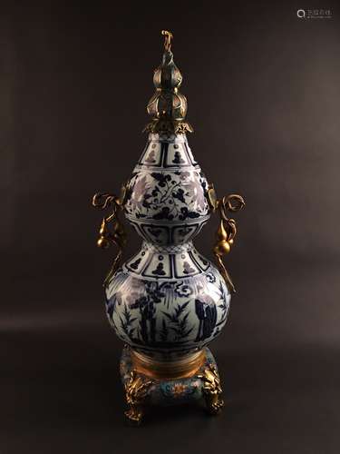 Blue and White Double Gourd With Cloisonne Cover and Stand