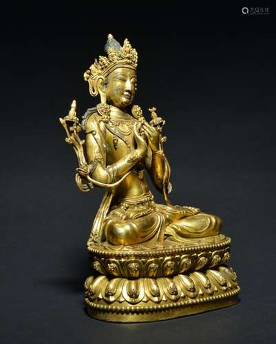 A GILT-BRONZE FIGURE OF MANJUSHRI , 16th Century