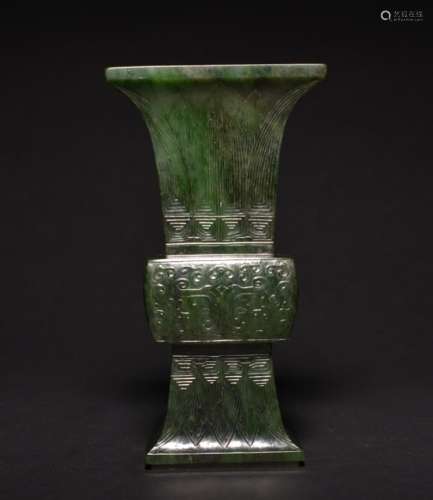 A CARVED SPINACH GREEN JADE VESE.GU , Mark of QianLong