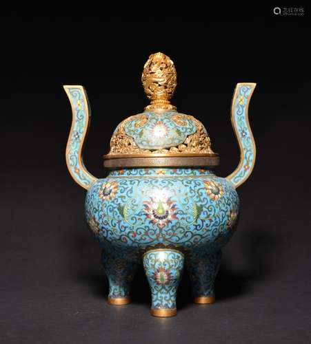 A GILT-BRONZE CLOISONNE-ENAMEL TRIPOD  CENSER AND COVER , Qing Dynasty