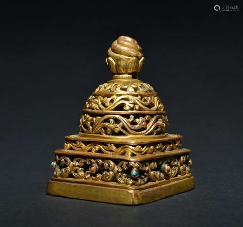 A TIBET GILT-BRONZE SEAL , Qing Dynasty