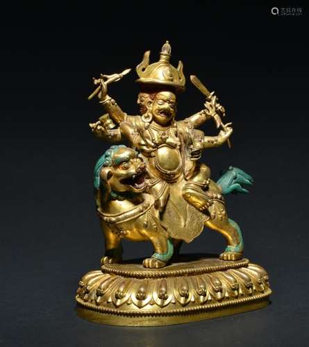 A GILT-BRONZE FIGURE OF GUARDIAN , Qing Dynasty