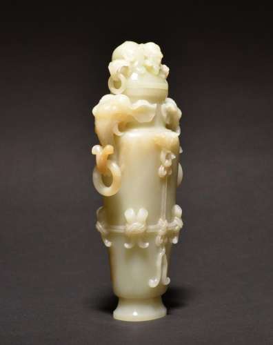 A CARVED WHITE JADE VASE AND COVER , Qing Dynasty