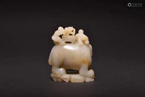 A WHITE JADE CARVING OF ELEPHANT AND BOYS , Qing Dynasty