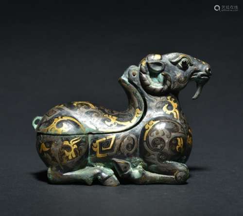 A GOLD AND SILVER INLAID BRONZE GOAT , Han Dynasty