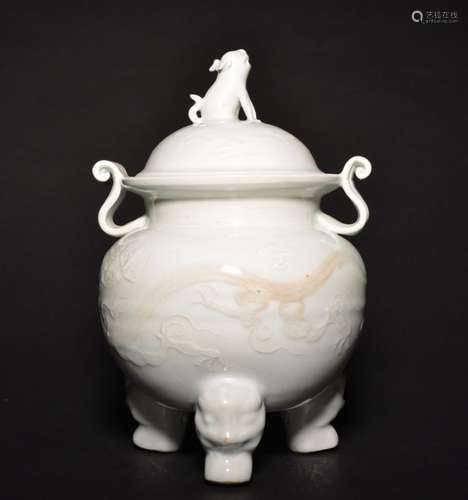 A CARVED WHITE-GLAZED DRAGON CENSER AND COVER , Qing Dynasty