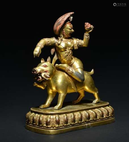 A GILT-BRONZE OF DHARMAPALA DIVINITY , Ming Dynasty