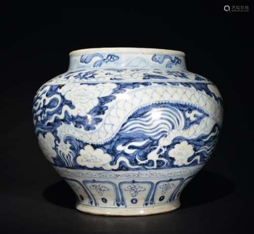 A LARGE BLUE AND WHITE DRAGON JAR , Yuan Dynasty