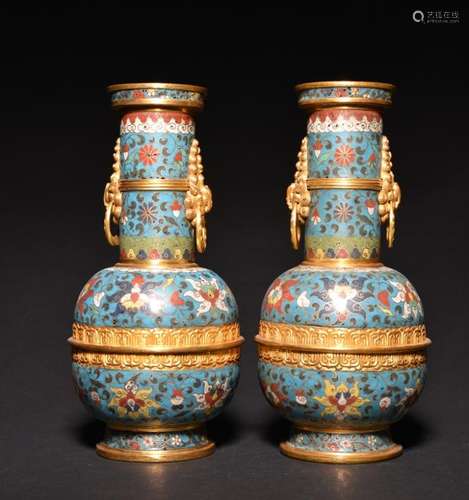 A PAIR OF GILT BRONZE CLOISONNE ENAMEL VASES , Qing Dynasty