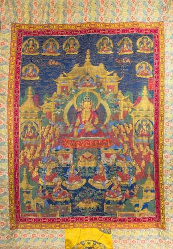 A  LARGE BROCADE EMBROIDERED SILK THANGKA OF BUDDHA OF MEDICINE , Qing Dynasty